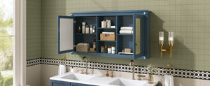 English Elm 55 Inch Wall Mount Medicine Cabinet Dual Mirrored Doors Soft Close Bathroom Vanity Storage Blue N710P401342C