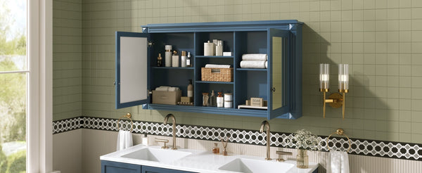 English Elm 55 Inch Wall Mount Medicine Cabinet Dual Mirrored Doors Soft Close Bathroom Vanity Storage Blue N710P401342C