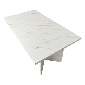 English Elm Extendable Faux Marble Dining Table with V-Legs — Sleek Expandable Conference & Kitchen Centerpiece for 6–10 White W1347S00015