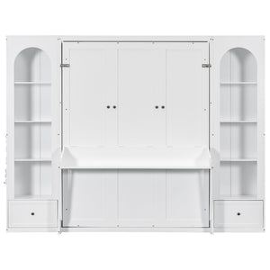English Elm Queen Murphy Bed with Led Lighting Side Cabinets Shelving and Fold Down Desk Panel White N7090002226K-1