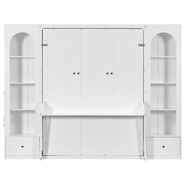 English Elm Queen Murphy Bed with Led Lighting Side Cabinets Shelving and Fold Down Desk Panel White N7090002226K-1