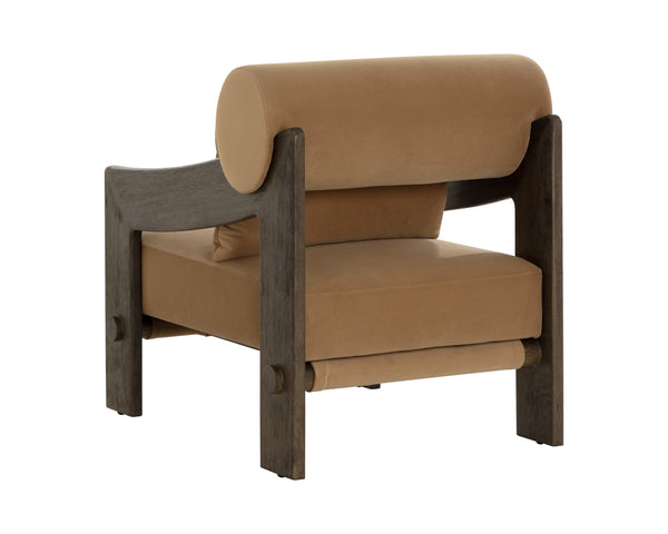 Sunpan Reizo Lounge Chair - Stylish Distressed Brown Solid Oak With Kona Camel Fabric For Ultimate Comfort Brown Fabric 112120