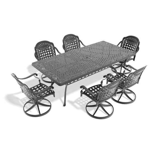 English Elm 7-Piece All-Weather Cast Aluminum Dining Set With 6 Swivel Chairs, Cushions & Rectangular Table W1710S00365