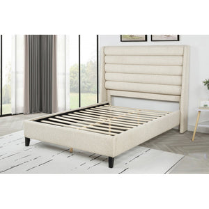 English Elm Upholstered Queen Platform Bed with Rolled Channel Tufted Headboard, Beige Polyester, No Box Spring Needed B011S01963