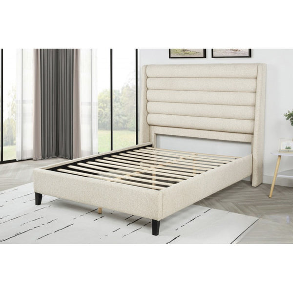 English Elm Upholstered Queen Platform Bed with Rolled Channel Tufted Headboard, Beige Polyester, No Box Spring Needed B011S01963