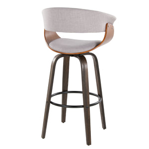 English Elm Vintage 30" Mid-Century Barstool Set of 2 in Walnut & Stone Fabric, Swivel Seat, Bentwood Legs, 250lb B202S00719