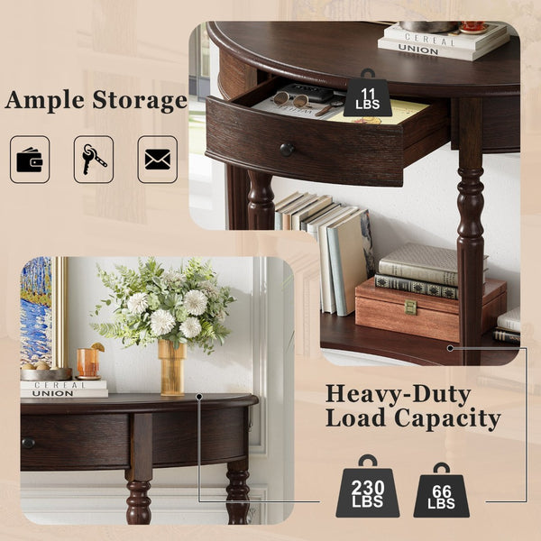English Elm Trexm Farmhouse Half Moon Entryway Console with Drawer Open Shelf Pine Legs Espresso N715P383795P