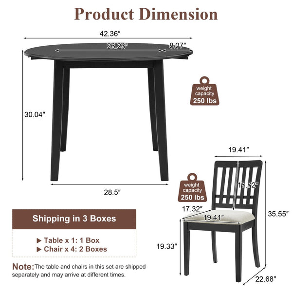 English Elm 5-piece Round Folding Dining Set with Mdf Table and Upholstered Chairs for Small Spaces Black N752S0010618B