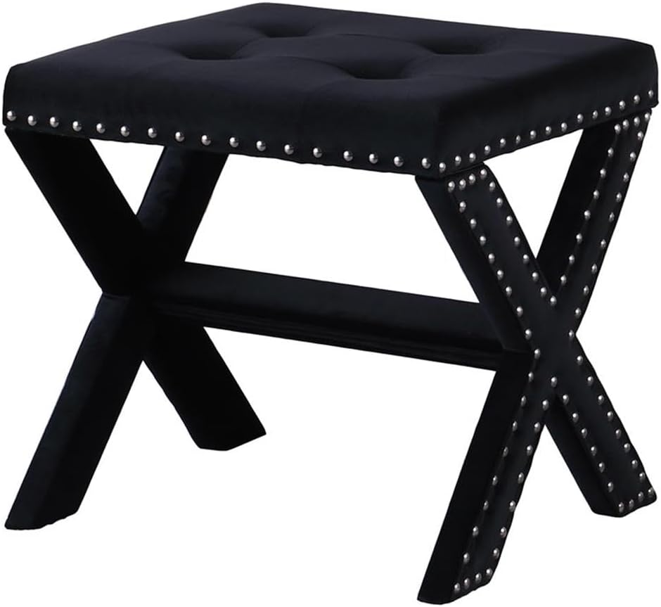 English Elm Velvet Small Tufted Accent Bench with Nailhead Trim and X-Leg Frame, Plush Foam Seat for Entryway Black 20 L x 19 W x 7 H B011P357421