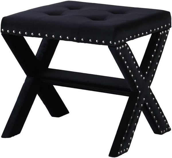 English Elm Velvet Small Tufted Accent Bench with Nailhead Trim and X-Leg Frame, Plush Foam Seat for Entryway Black 20 L x 19 W x 7 H B011P357421
