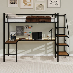 English Elm Loft loft bed with L-shaped desk, built-in storage stairs, 360° guardrail, sturdy iron frame for small rooms Black W1935S00003
