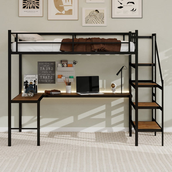 English Elm Loft loft bed with L-shaped desk, built-in storage stairs, 360° guardrail, sturdy iron frame for small rooms Black W1935S00003