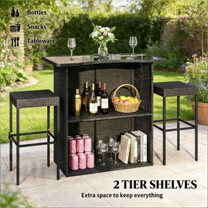 English Elm Bar Height Outdoor Wicker Patio Set with Tempered Glass Table and Four Stools Dark Brown T3971S00212