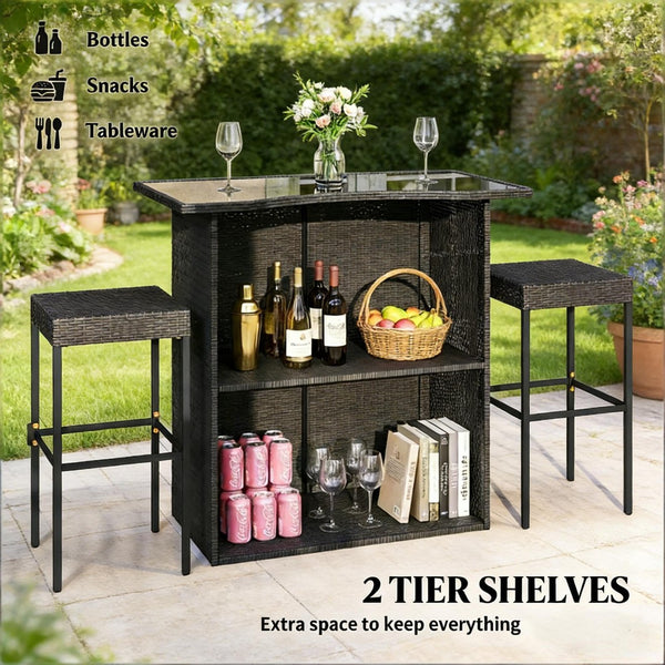 English Elm Bar Height Outdoor Wicker Patio Set with Tempered Glass Table and Four Stools Dark Brown T3971S00212