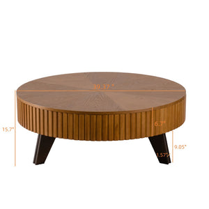 English Elm 39.37" Round Retro Coffee Table Solid Wood Legs Lower Shelf Natural Living Room W757P370275