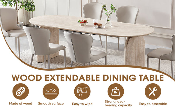 English Elm Wood Extendable Dining Table - Modern Oval MDF Top with Dual Pillar Legs, Space-Saving, Durable Versatile Gatherings and Home Office Use W3590S00002