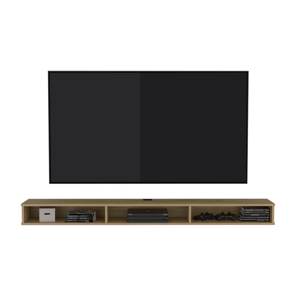 English Elm Tv Stand with Three Open Shelves for Media Storage and Decor, Slim Profile, Eco-Friendly Engineered Wood Natural Wood 75.98 L x 16.14 W x 3.15 H B097P296833