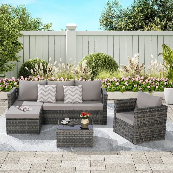 English Elm 3 Piece Outdoor Pe Rattan L-shaped Sectional Set with Ottoman and Tempered Glass Table Light Gray W874S00050