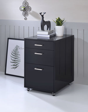 English Elm Coleen Black Gloss & Chrome 3-Drawer File Cabinet with Casters, MDF Veneer, 18"x22"x28"H Storage B2726P277141