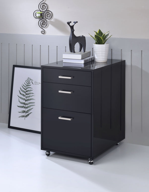 English Elm Coleen Black Gloss & Chrome 3-Drawer File Cabinet with Casters, MDF Veneer, 18"x22"x28"H Storage B2726P277141