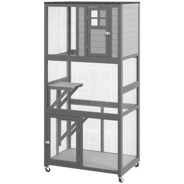 English Elm Pawhut Weatherproof Wooden Catio Outdoor Cat Enclosure with Wheels Multi-level Design W2225P229469