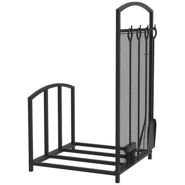 English Elm HOMCOM Black Firewood Rack with 4-Piece Fireplace Tool Set, 220lb Capacity Indoor/Outdoor Log Holder W2225P229413