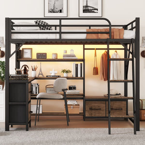 English Elm Queen Size Loft Bed With Desk & Led Lighting - Stylish Metal Bed With Storage & Workstation For Small Spaces W2593S00041-GIGA