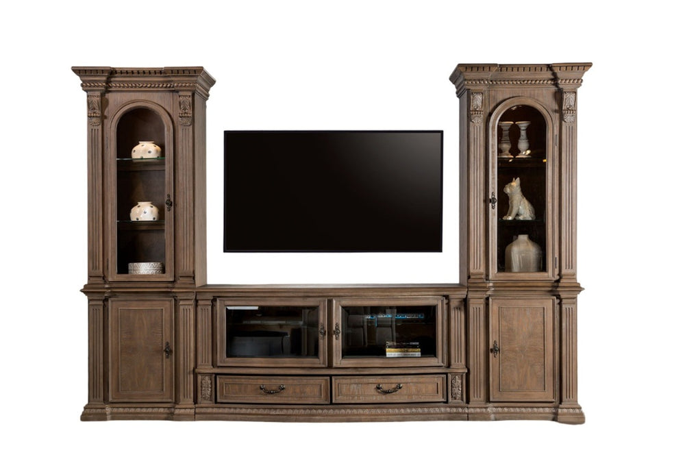 English Elm Traditional Weathered Oak Entertainment Console Hand Carved Dentil Crown Six Door Storage B2741S00759