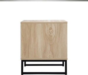English Elm Birch Coastal Side Table with Drawer, Natural Wood Top & Black Metal Legs — Compact Storage Accent B347P340050