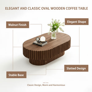 English Elm Oval Fluted Walnut Coffee Table Sculptural Pedestal Base Mid Century Living Room W3204P391004