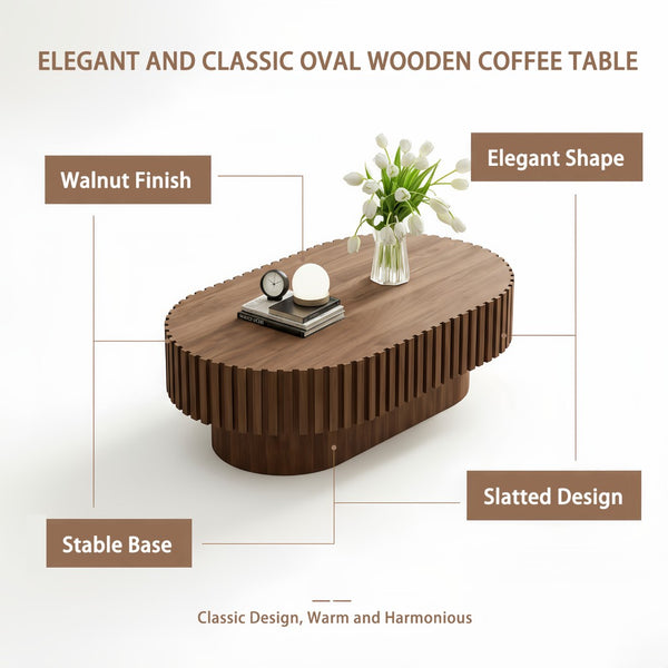 English Elm Oval Fluted Walnut Coffee Table Sculptural Pedestal Base Mid Century Living Room W3204P391004