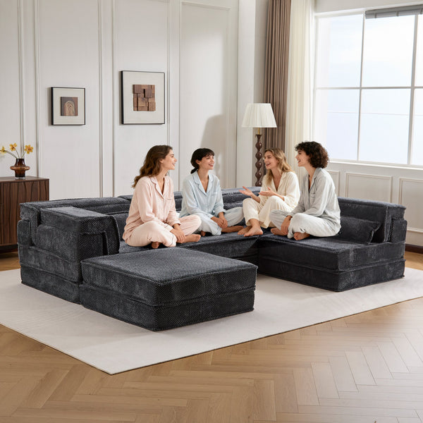 English Elm Compression Mahjong Sofa - Oversized Modular Floor Bed With Ottoman, No Assembly, Soft Fleece Fabric W3723S00037