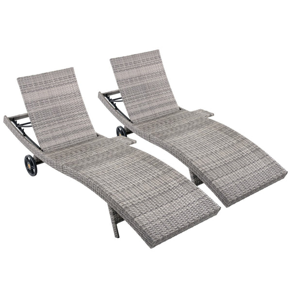 English Elm K&k Outdoor Wicker Reclining Chaise Set 2 Piece with Pull Out Tray Rolling Wheels Grey N707P395515E