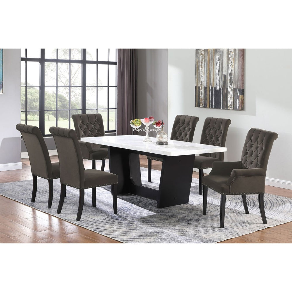 English Elm Yorba Marble Top Trestle Dining Set with Tufted Velvet Chairs for Modern Spaces B062S01668