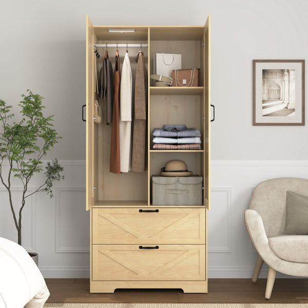 English Elm 2 Door Wardrobe Closet with Full Length Mirror Motion Light Hanging Rod and Drawers Natural W409P266780