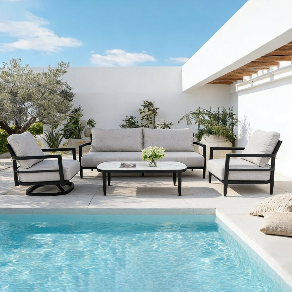 English Elm 4pc Outdoor Conversation Set Sintered Stone Table Swivel Chair Sunbrella Cushions W1886S00042