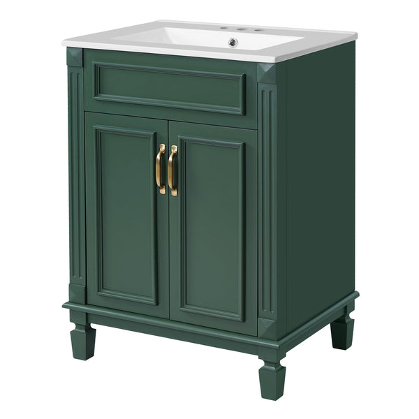 English Elm 24'' Bathroom Vanity with Sink - Solid Wood Frame, Glossy Ceramic Basin, Soft-Close Doors & Ample Storage Elegant Modern Design, Durable MDF Construction, Retro Metal Handles, Compact 24-inch Cabinet Green N710P317675F