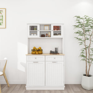 English Elm 67.7" Tall Kitchen Trash Can Storage Cabinet with Tilt-Out Bin, 3 Adjustable Shelves, 2 Drawers, White W282P182326