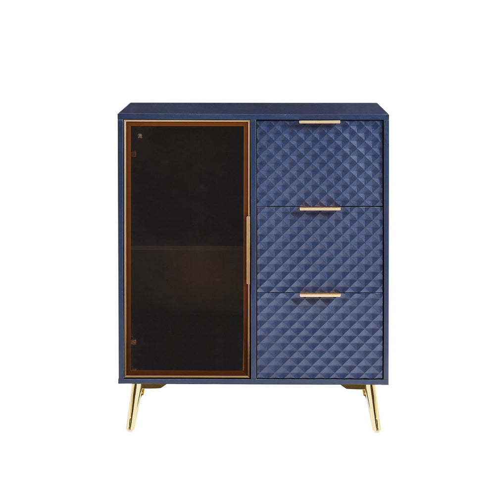 English Elm Deluxe Modern Carved Chest of Drawers with Tempered Glass Doors, 3 Drawers + 2 Compartments, Sleek Metal Legs Dark Blue W1162P295365