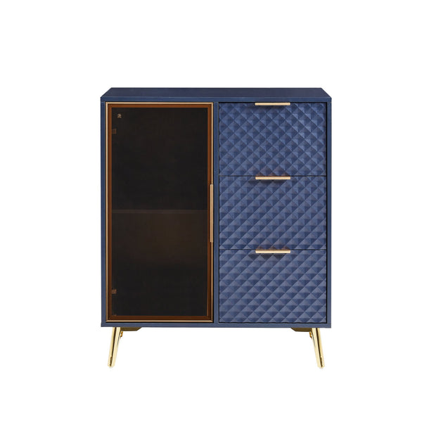 English Elm Deluxe Modern Carved Chest of Drawers with Tempered Glass Doors, 3 Drawers + 2 Compartments, Sleek Metal Legs Dark Blue W1162P295365