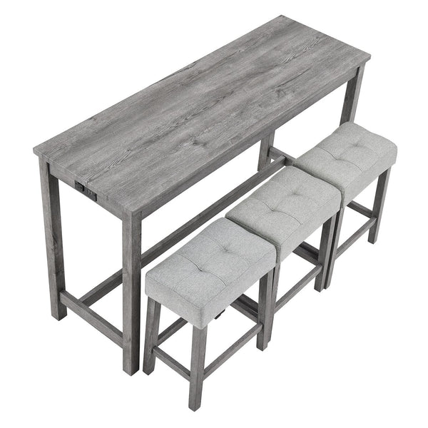English Elm Bar Bar Table Set with Power Outlet and 4 Chairs, Industrial MDF Top, Solid Wood Seats, Durable Design Gray W487P339352