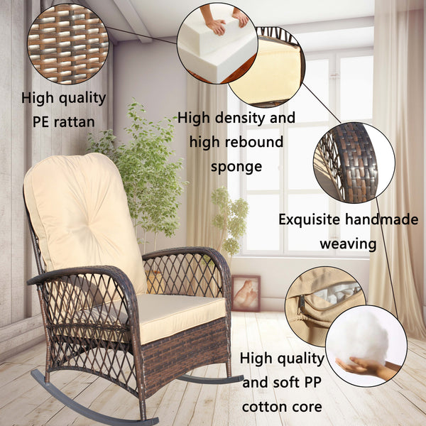 English Elm Outdoor Wicker Rocking Chair with Wide Seat, Thick Removable Cushion, Steel Frame, Weather-Resistant Rocker for Patio Garden Relaxation Brown W209P265093