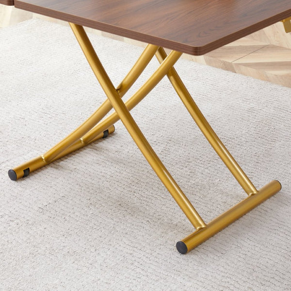 English Elm Table and Chair Set Adjustable Height Mdf Wood Grain Top with Four Linen Dining Chairs Golden+White W1151S03784