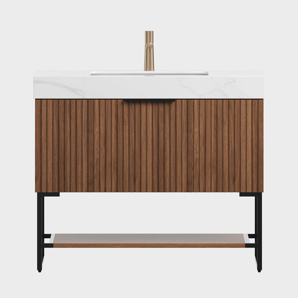English Elm YOLAN 36" Bathroom Vanity with Integrated Solid Surface Basin, Pre-Assembled Plywood Cabinet, Soft-Close Drawer and Open Towel Shelf Black,Carrara White,Dark Walnut,White W2615S00375