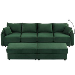 English Elm 123.2" Modular 4-seater Sectional Sofa with Hidden Storage, USB Ports, Cup Holders, Plush Corduroy Green N719S001614F