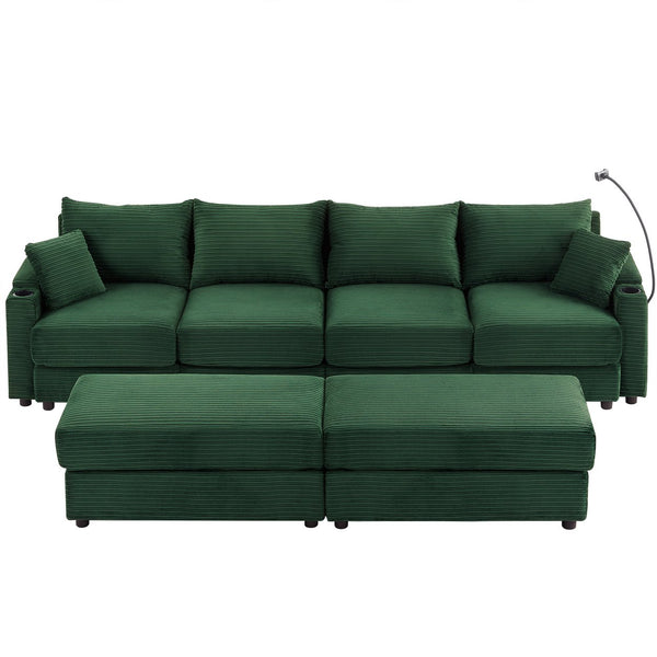 English Elm 123.2" Modular 4-seater Sectional Sofa with Hidden Storage, USB Ports, Cup Holders, Plush Corduroy Green N719S001614F