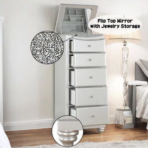 English Elm Maverick Platinum Finish Dresser with 9 Drawers, Crystal Knobs, Rhinestone Inlay, Felt Top Drawer - Luxurious Storage Silver 53 L x 25 W x 21 H B2726P247646