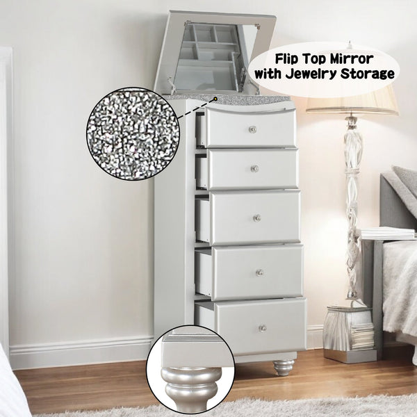 English Elm Maverick Platinum Finish Dresser with 9 Drawers, Crystal Knobs, Rhinestone Inlay, Felt Top Drawer - Luxurious Storage Silver 53 L x 25 W x 21 H B2726P247646