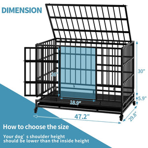 English Elm 48 Inch Steel Dog Crate on Wheels Foldable Heavy Duty Cage with Removable Tray W347P421329