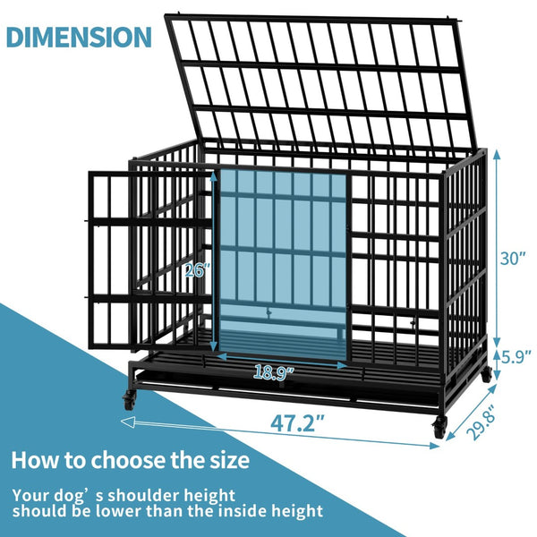 English Elm 48 Inch Steel Dog Crate on Wheels Foldable Heavy Duty Cage with Removable Tray W347P421329